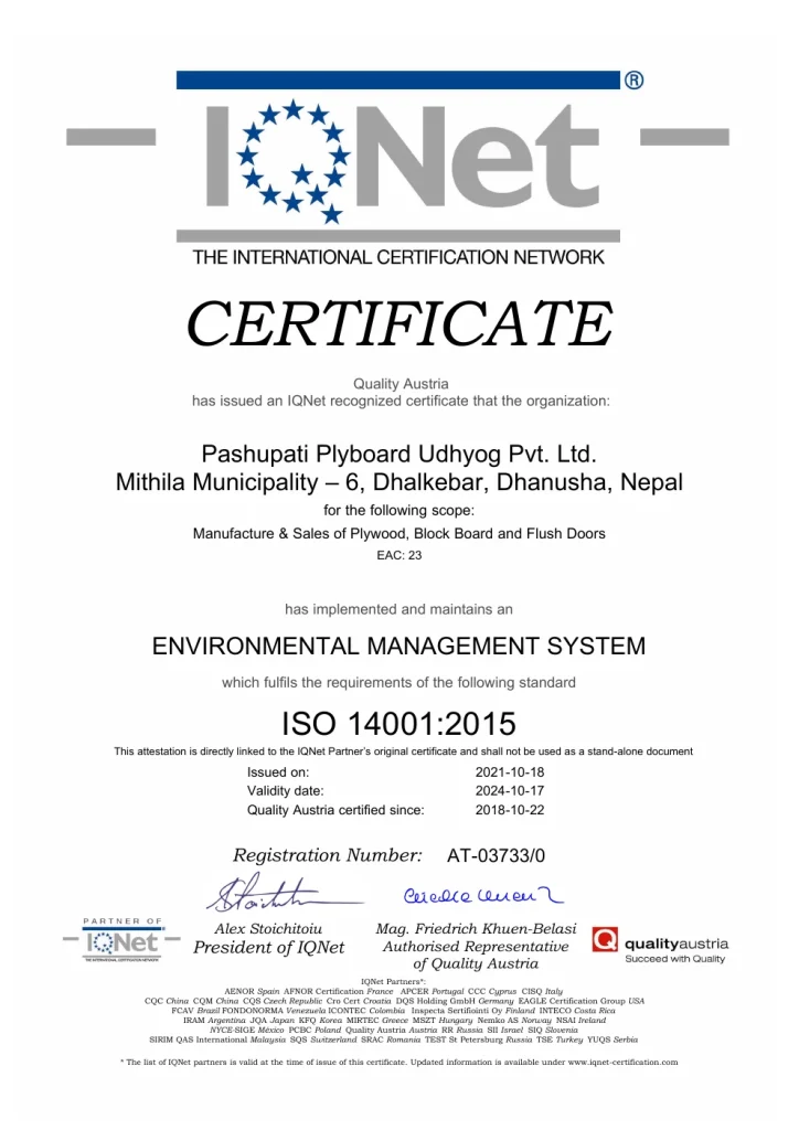 ISO 14001:2015 — IQNet Attestation first-page preview