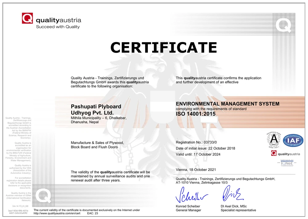 ISO 14001:2015 — Quality Austria Certificate first-page preview