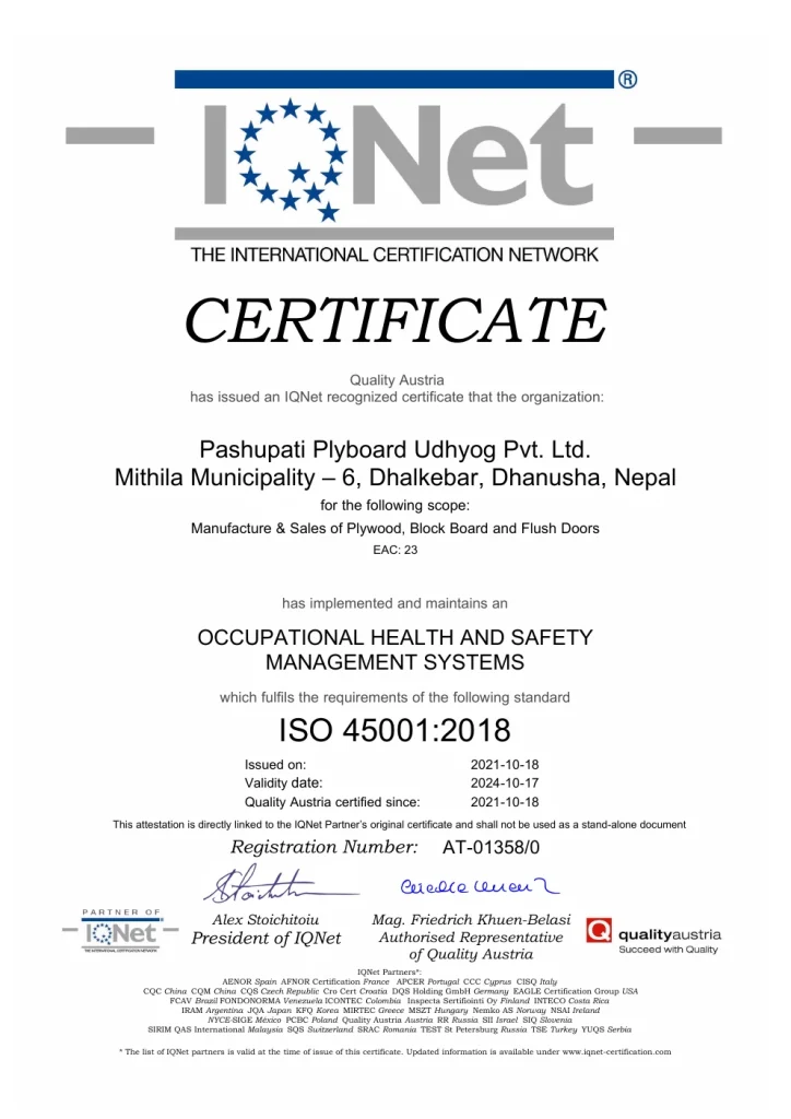 ISO 45001:2018 — IQNet Attestation first-page preview