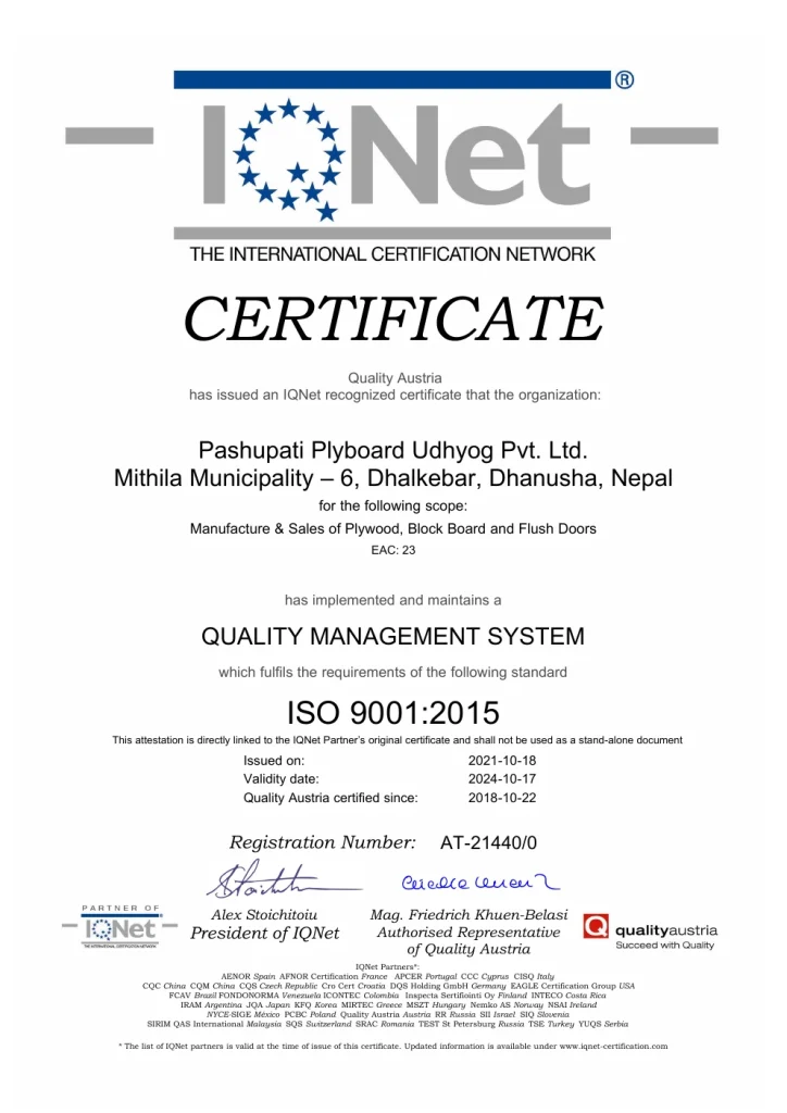 ISO 9001:2015 — IQNet Attestation first-page preview