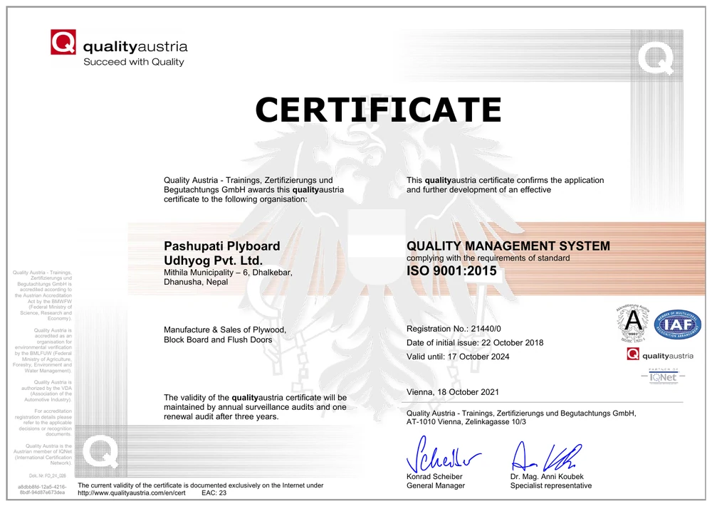 ISO 9001:2015 — Quality Austria Certificate first-page preview